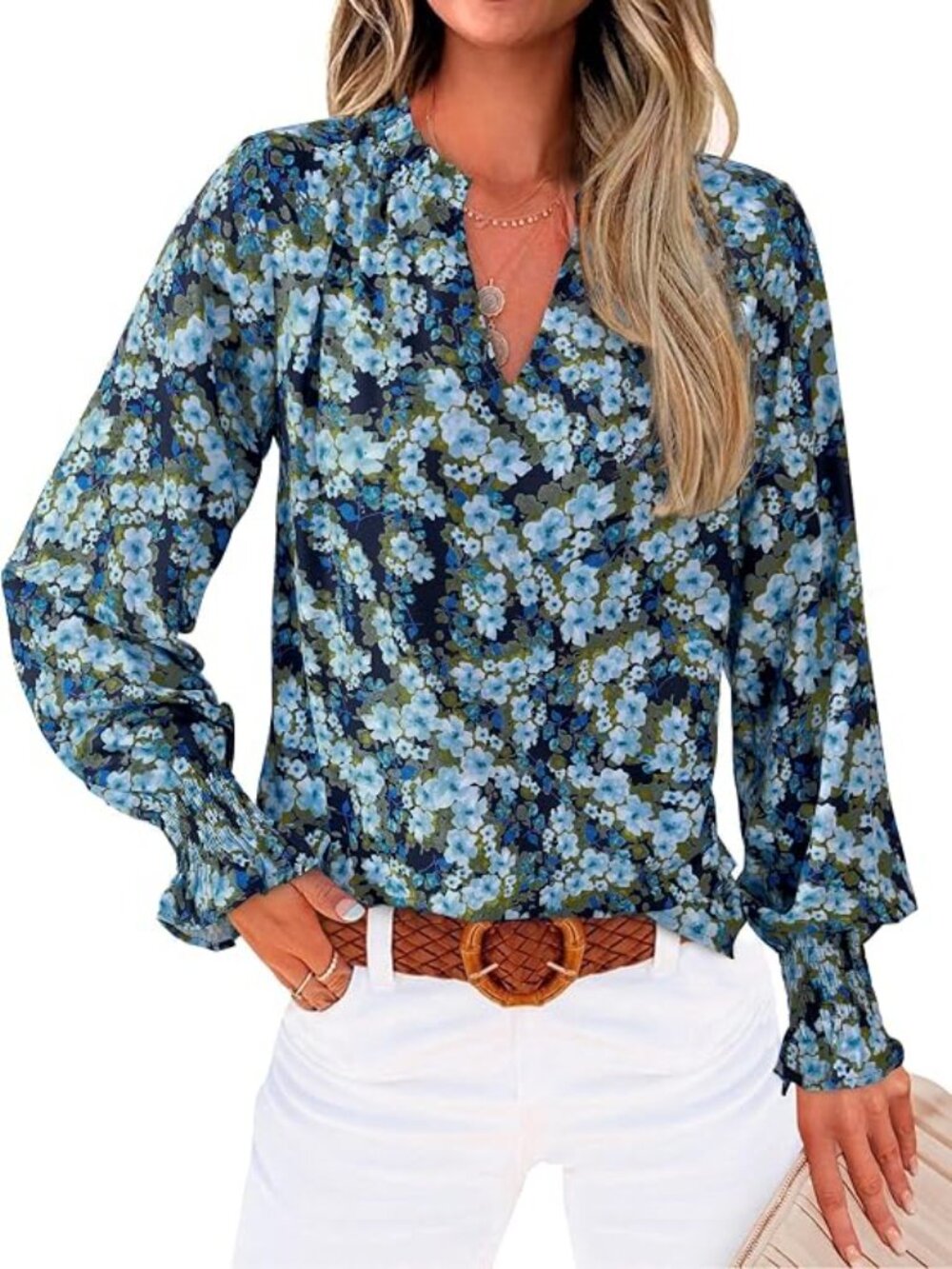 MASCOMODA Womens Boho Floral Long Sleeve Loose Chiffon Blouse - LARGE